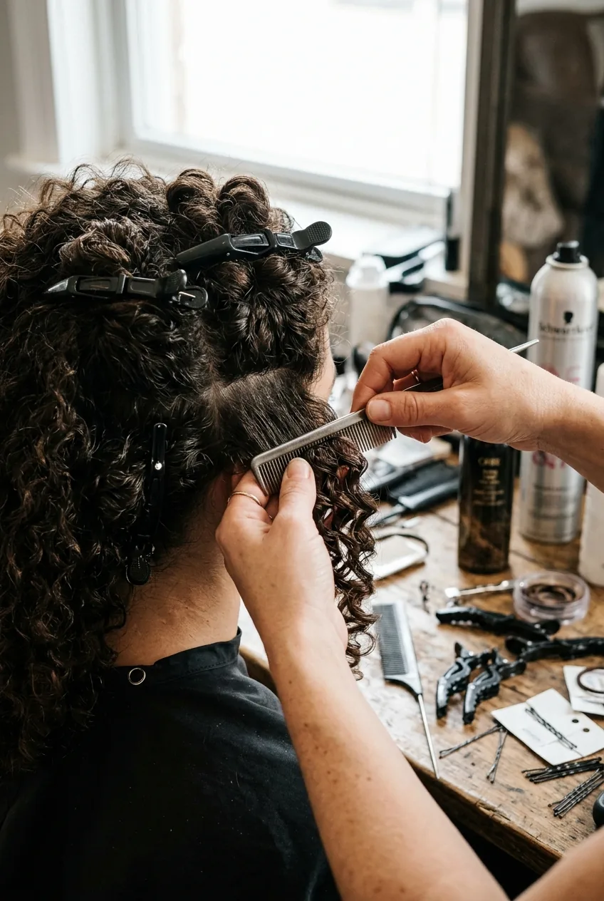Hands sectioning curly hair into clips during updo preparation with styling tools on vanity