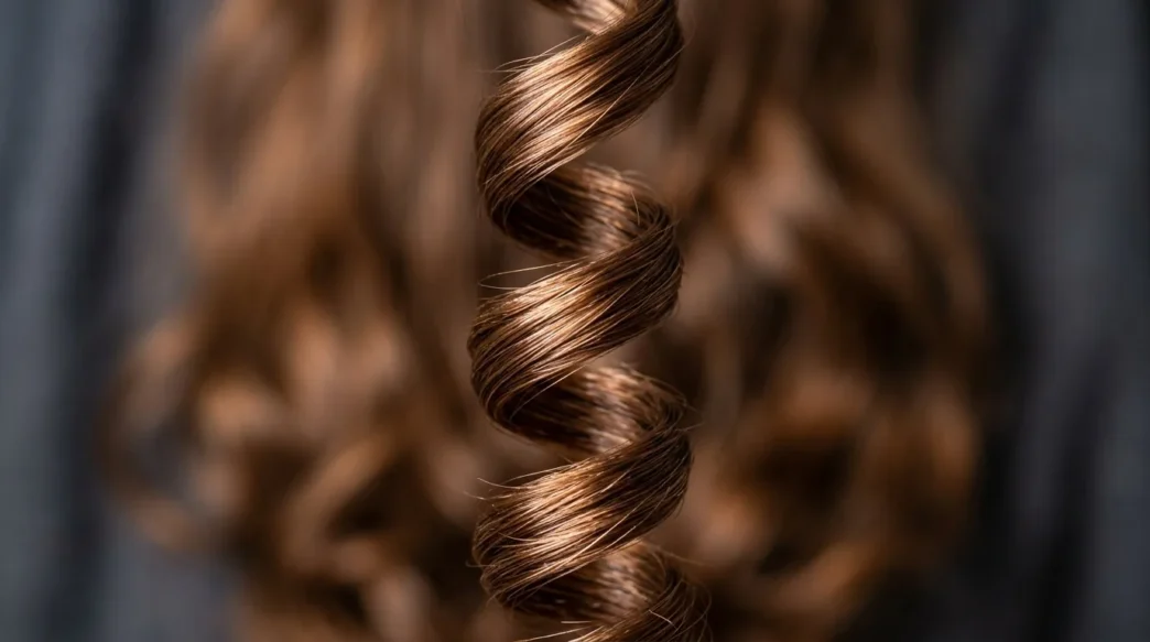 Close-up macro view of a single defined spiral curl showing hair cuticle reflection and texture