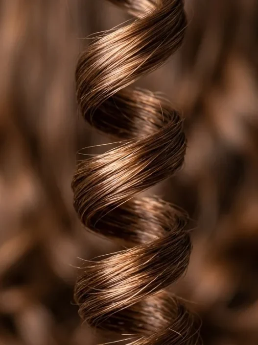 Close-up macro view of a single defined spiral curl showing hair cuticle reflection and texture