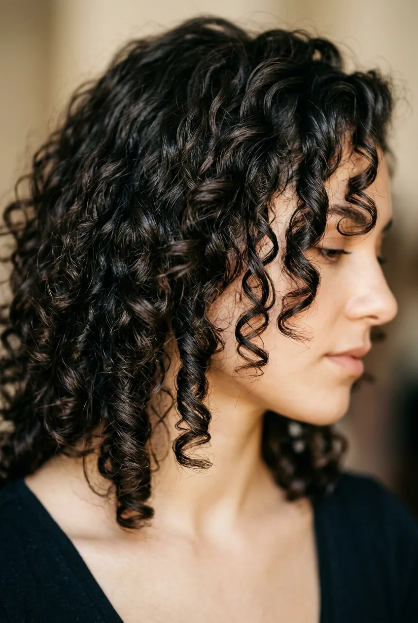 Close-up of curly mid-length hair enhanced by strategic layering showing natural curl pattern