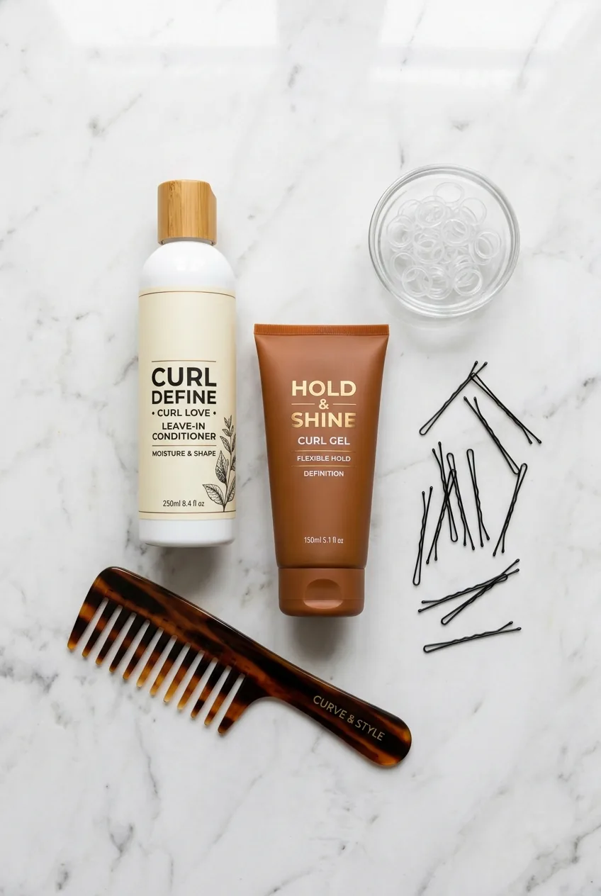 Curly hair styling products including leave-in conditioner and bobby pins on marble surface