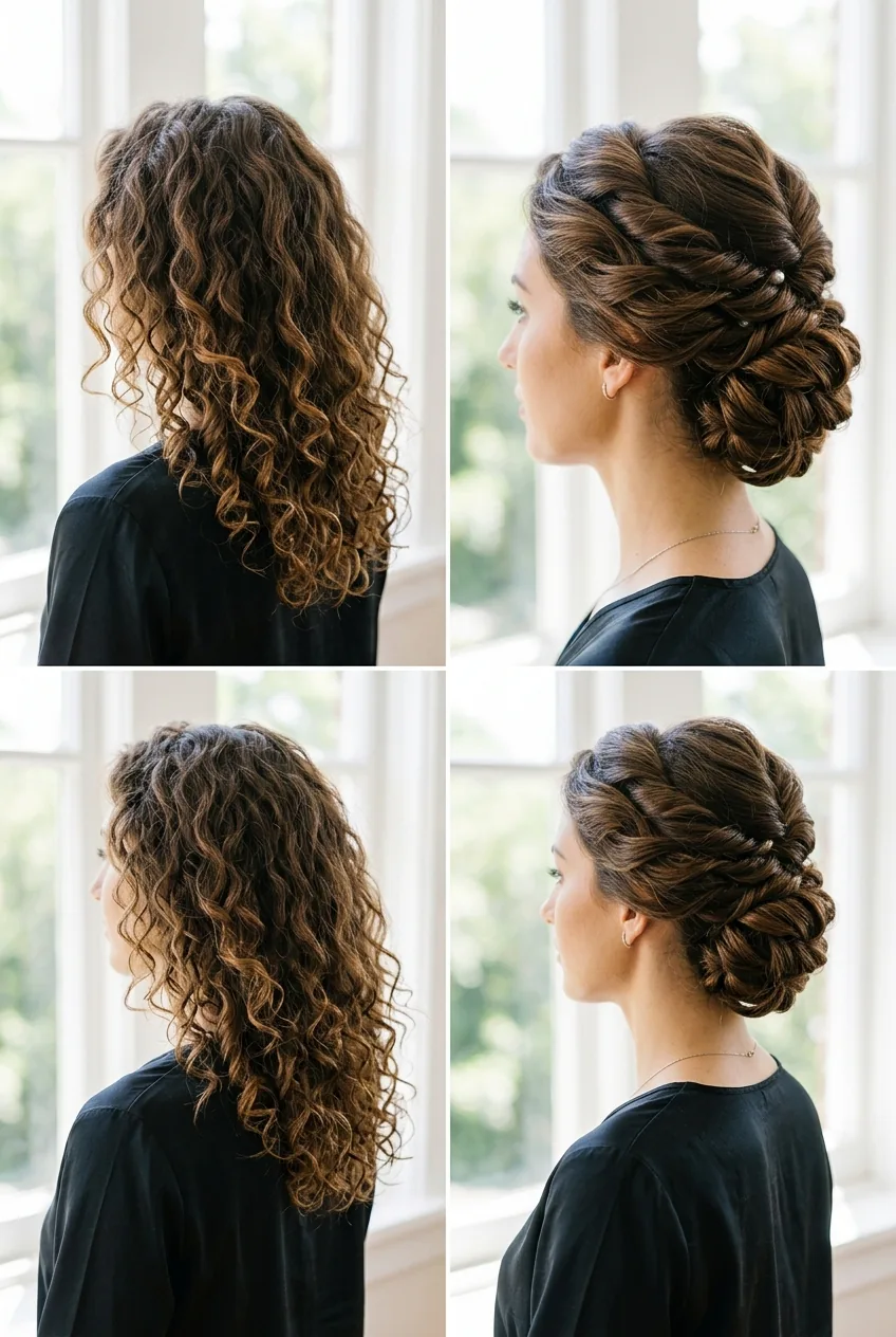 Before and after comparison of loose curls transformed into elegant twisted updo hairstyle