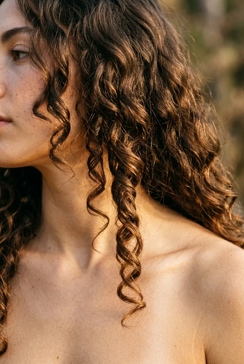 Curly long hair with layered texture flowing over collarbone in warm lighting
