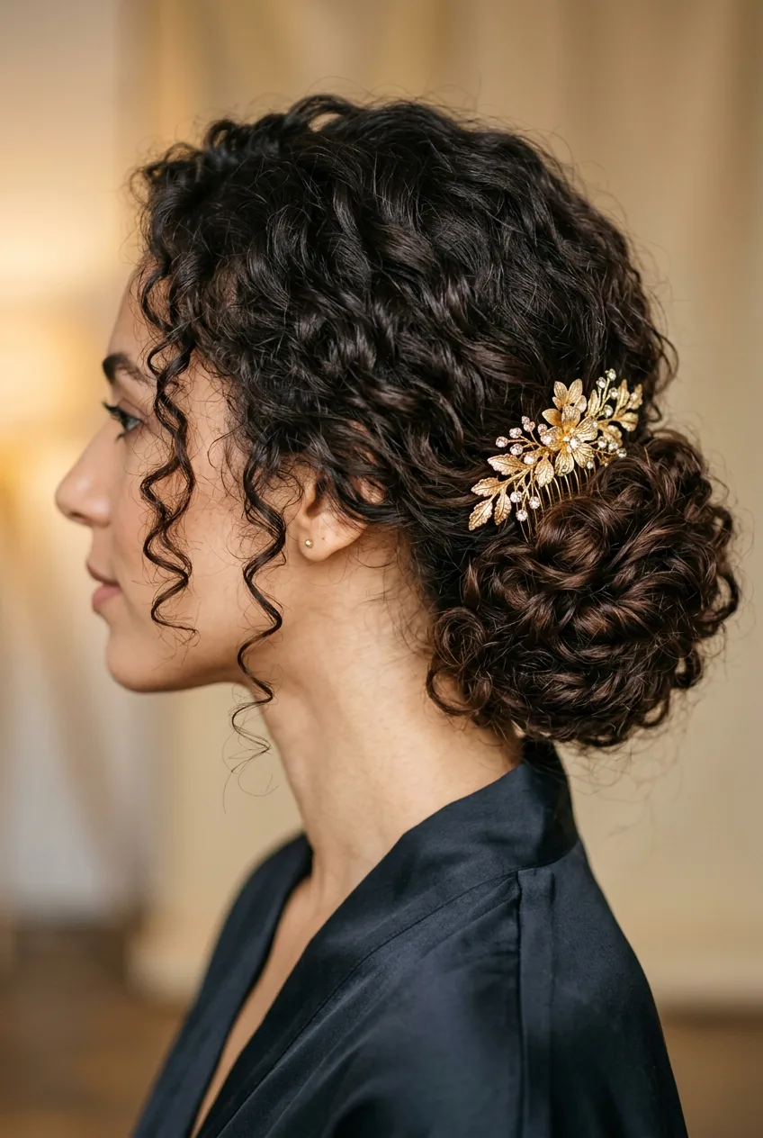 Thick curly hair styled in low romantic chignon with decorative gold hair comb