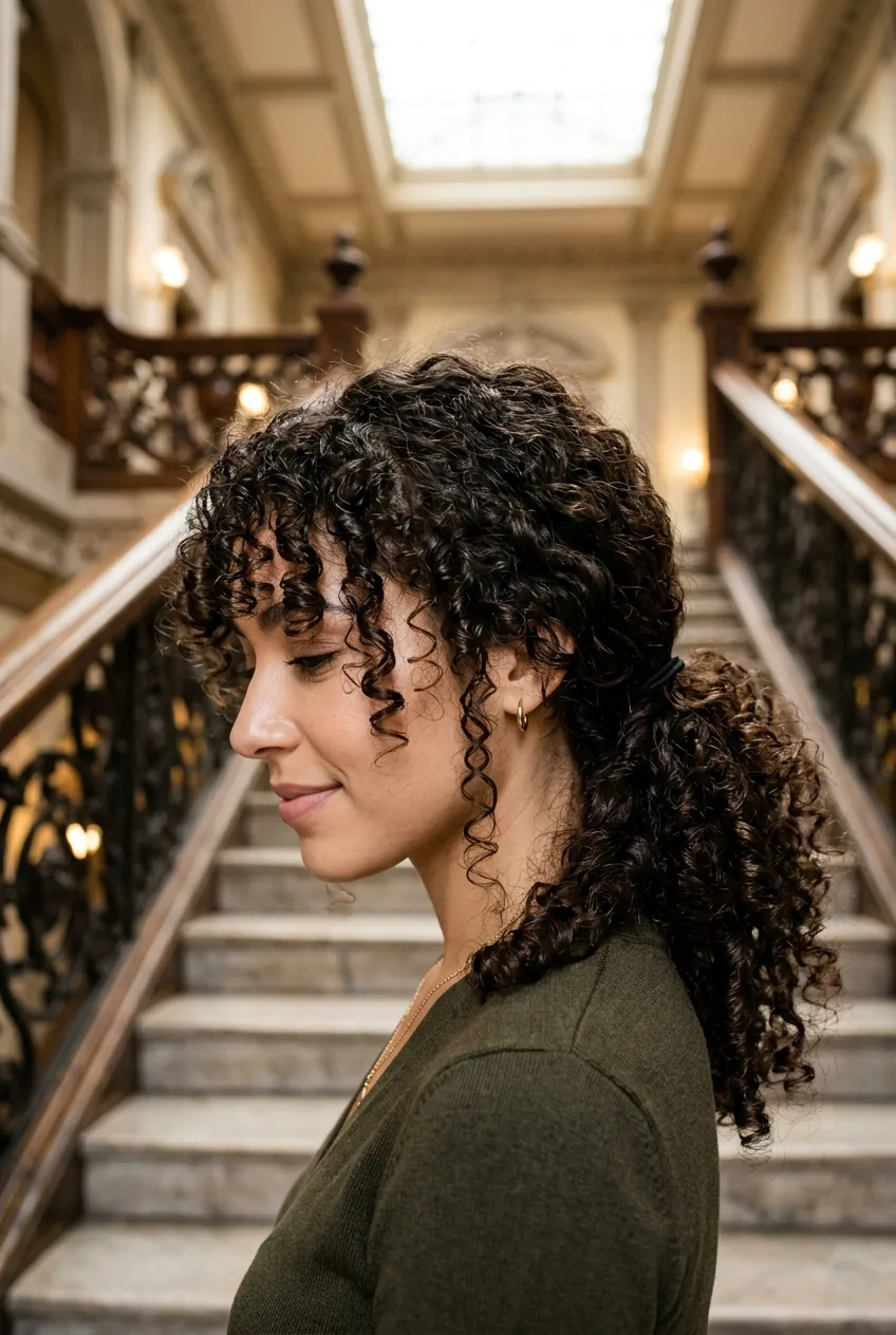 Woman with defined curls gathered in loose ponytail at base of neck