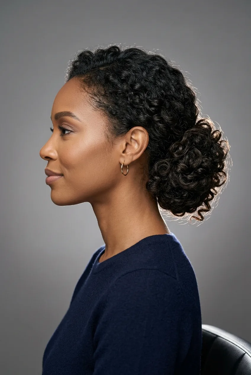 Woman with curly hair in loose side bun embracing natural texture
