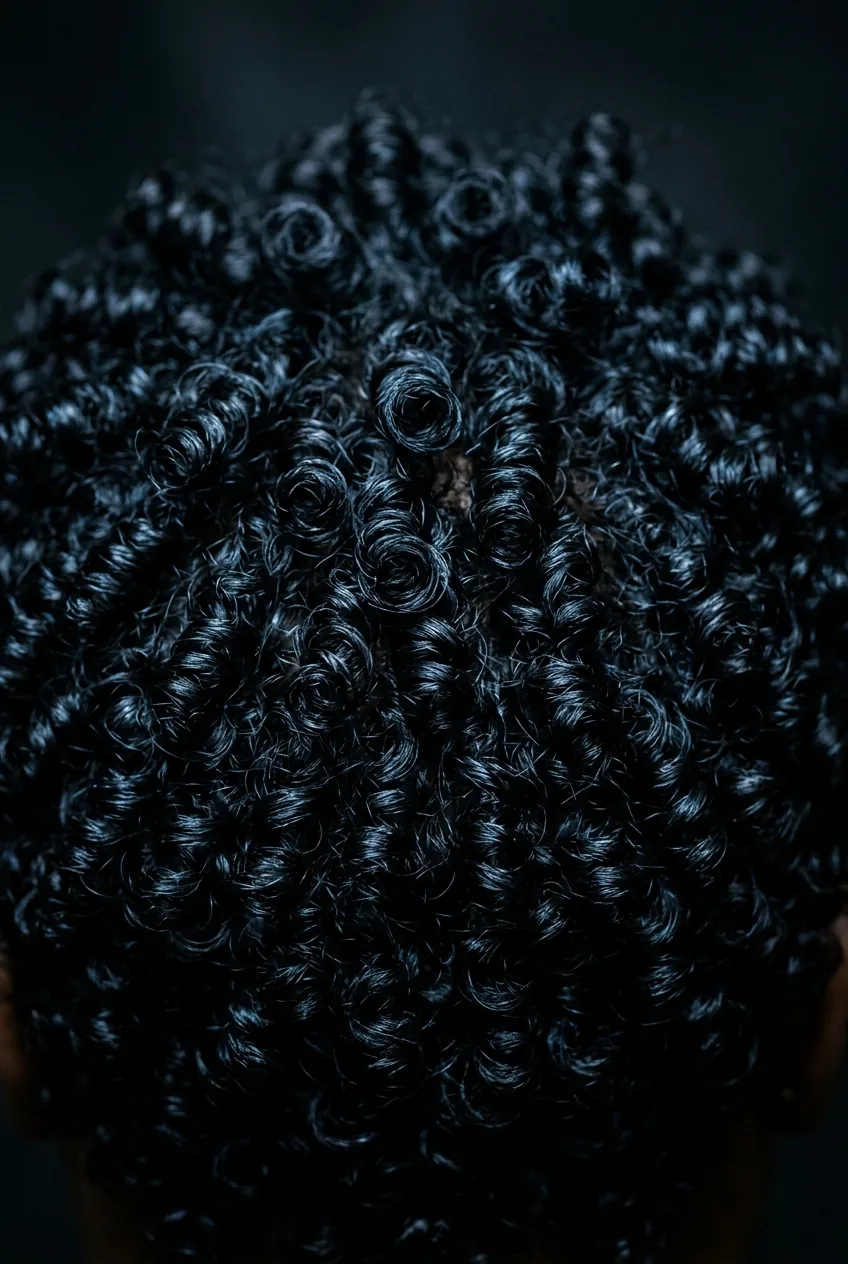 Curly pixie cut with tight spiral texture in natural black hair showing individual curl definition