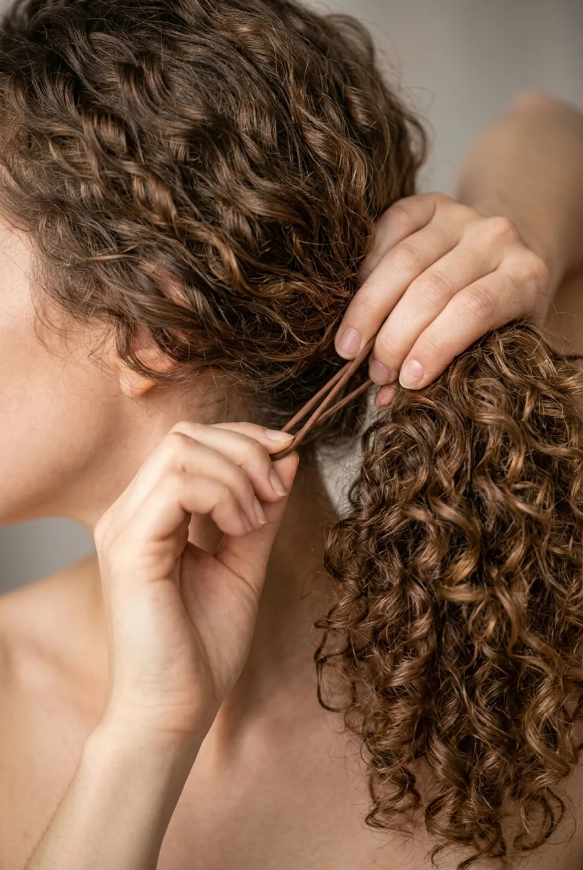 Hands positioning snag-free elastic to create loose ponytail base with curly hair