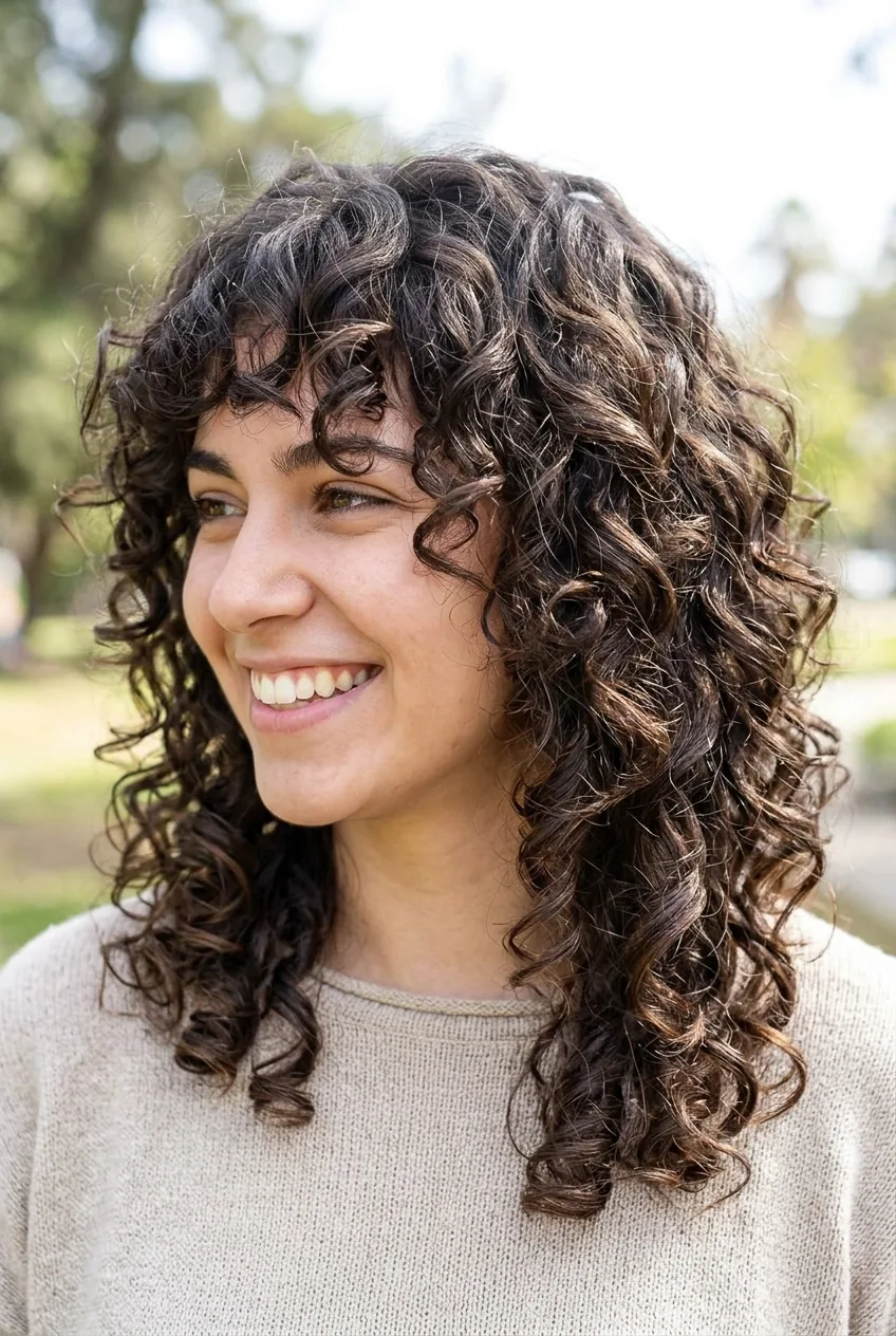Woman with curly shag variation showing how layers work with natural curl pattern