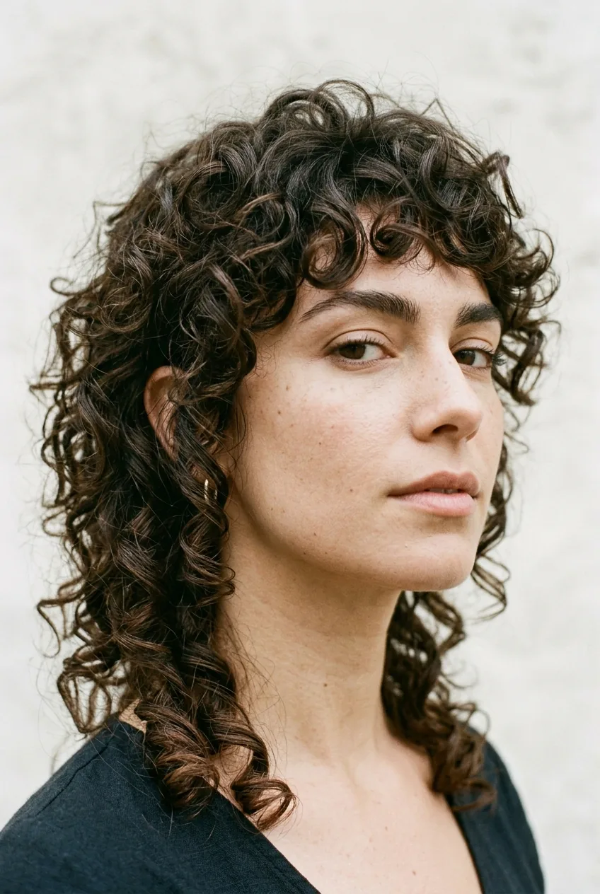 Close-up of curly shaggy mullet showing how natural texture enhances the layered cut
