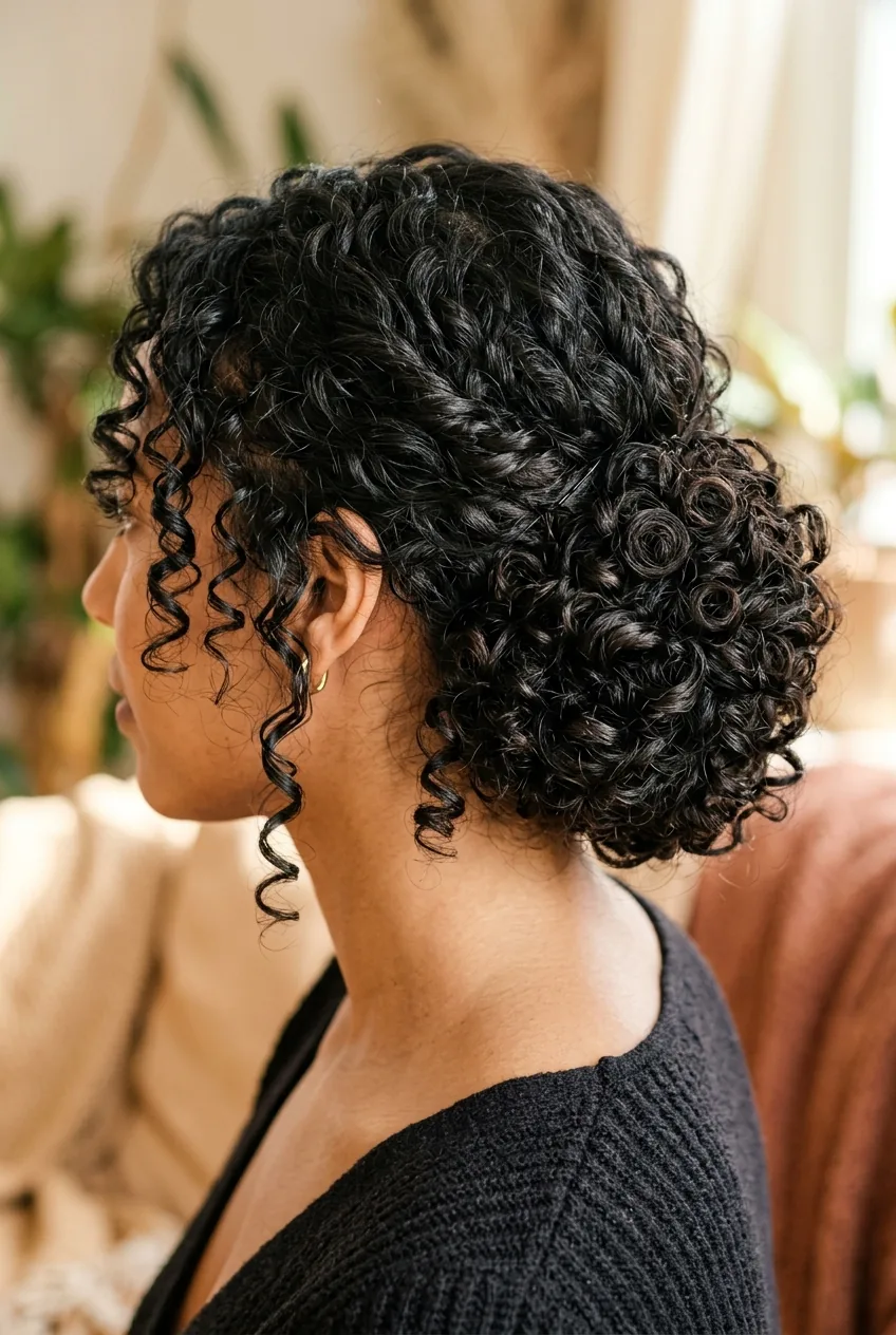 Curly side chignon with natural spiral curl pattern gathered loosely to one side
