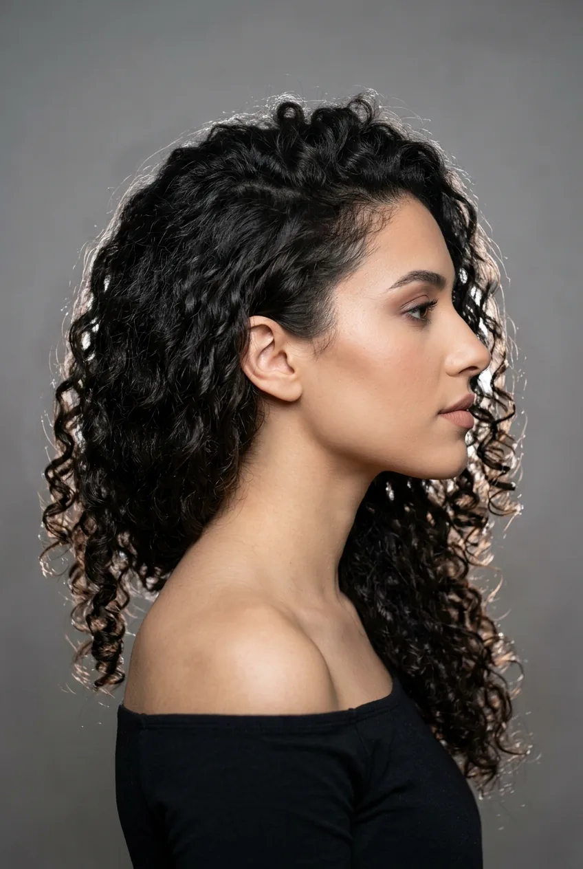 Woman with curly hair dramatically swept to one side showing defined curl pattern