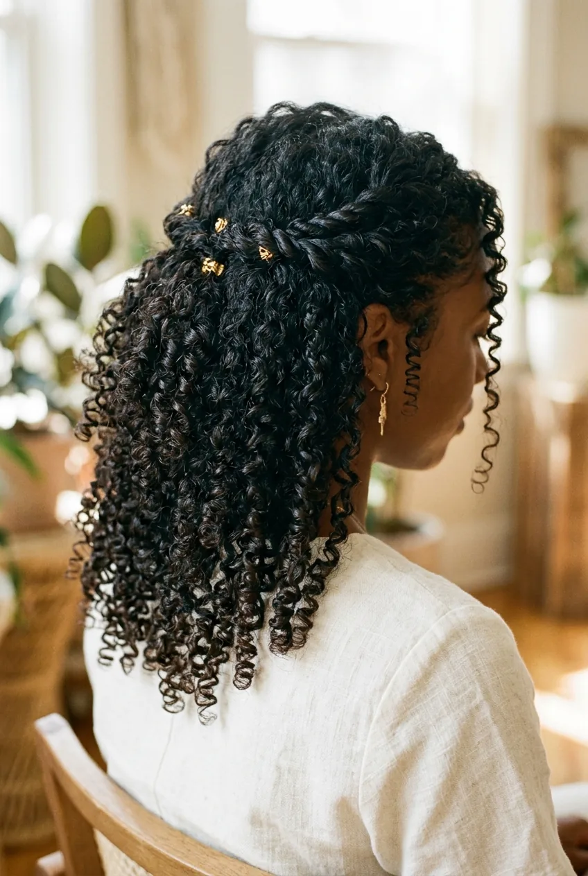 Natural curly textured half up style showcasing enhanced spiral curl pattern and twisted sections