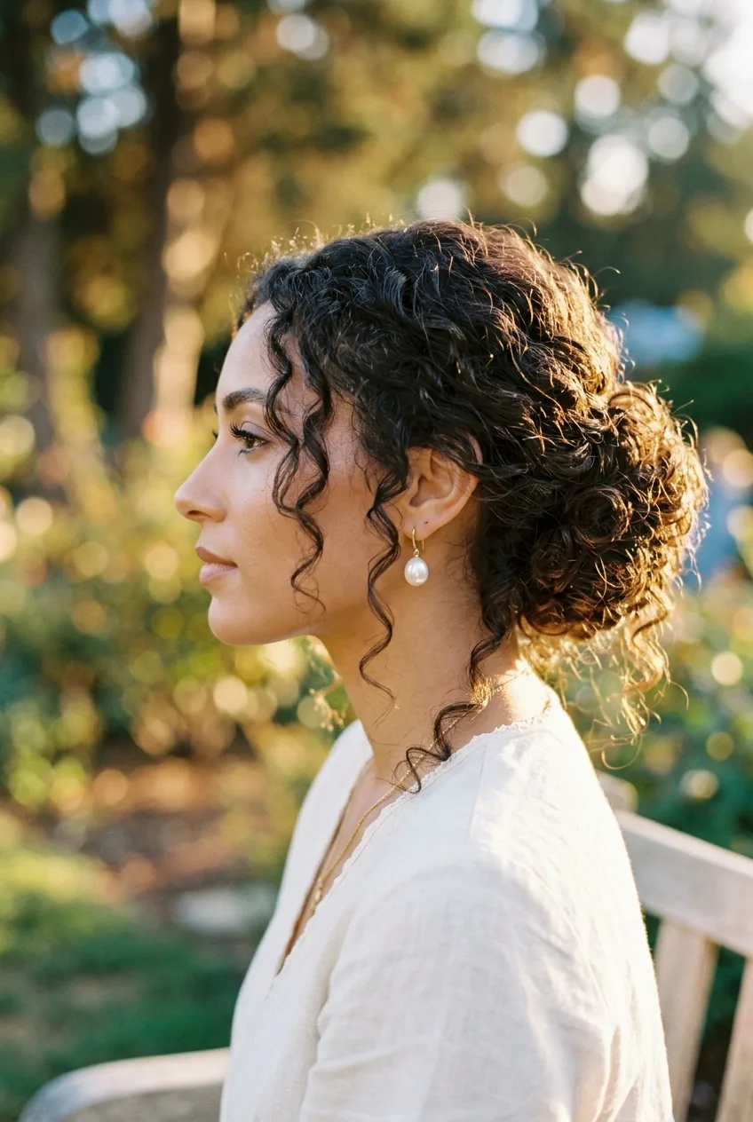Side profile of woman with curly updo showing loose face-framing pieces and natural texture