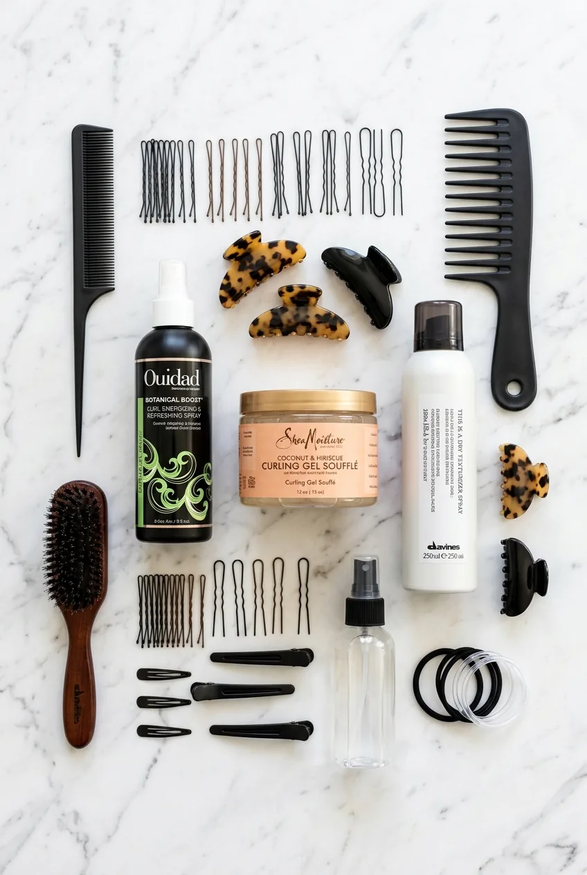 Overhead view of curly updo styling tools including bobby pins, clips, and products on marble surface