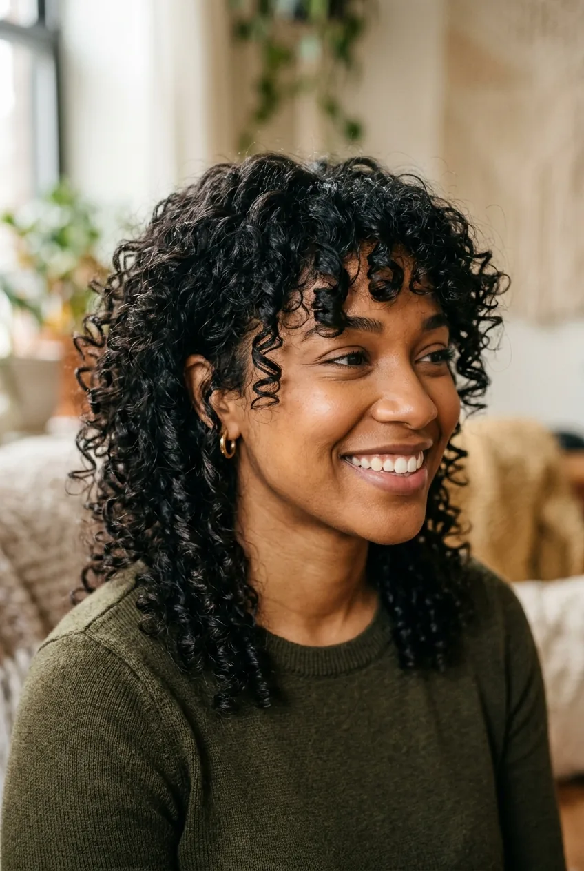 Curly-haired woman with wolf cut showing how layers work with natural curl patterns