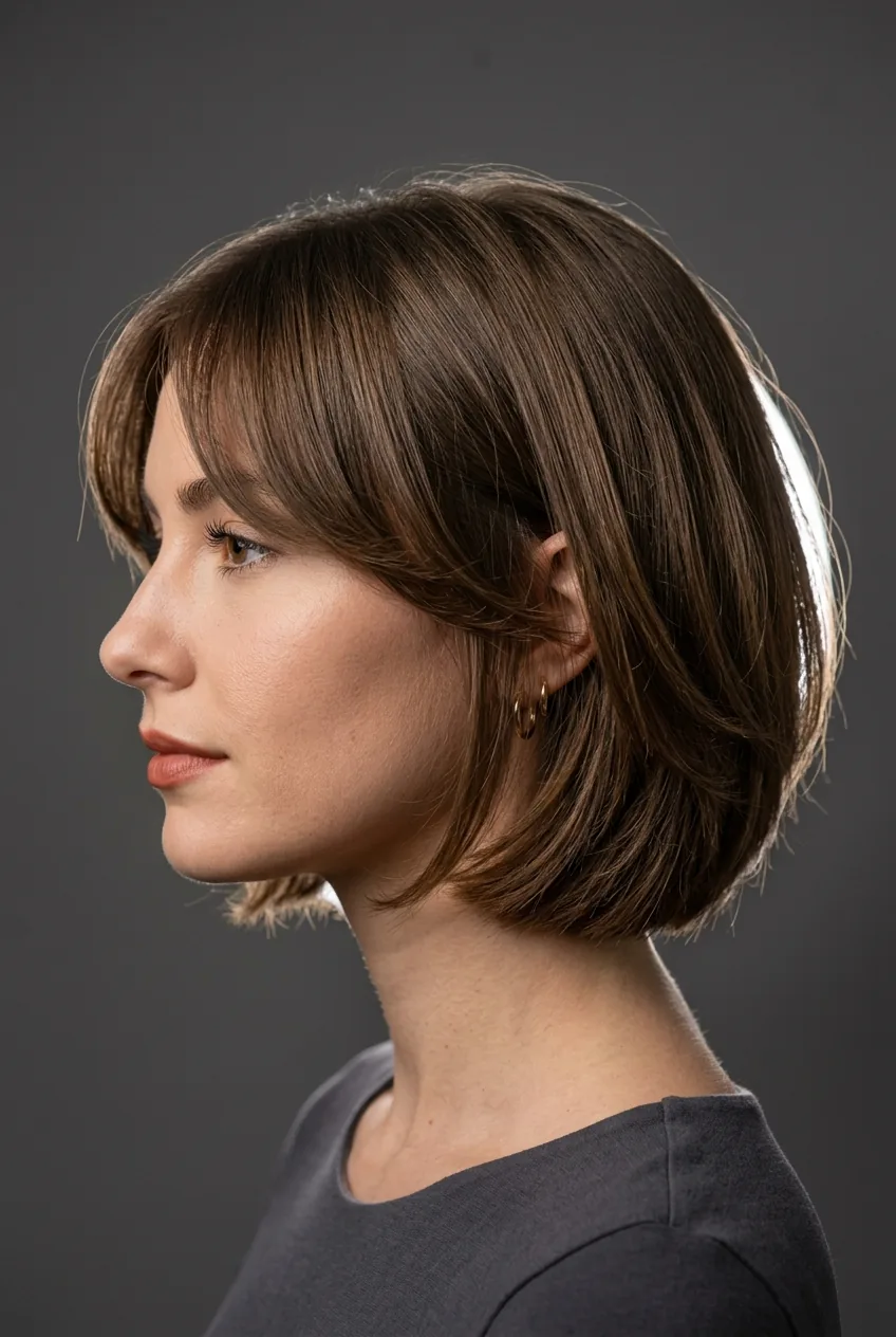 Woman with layered bob seamlessly integrated with curtain bangs flowing into layers