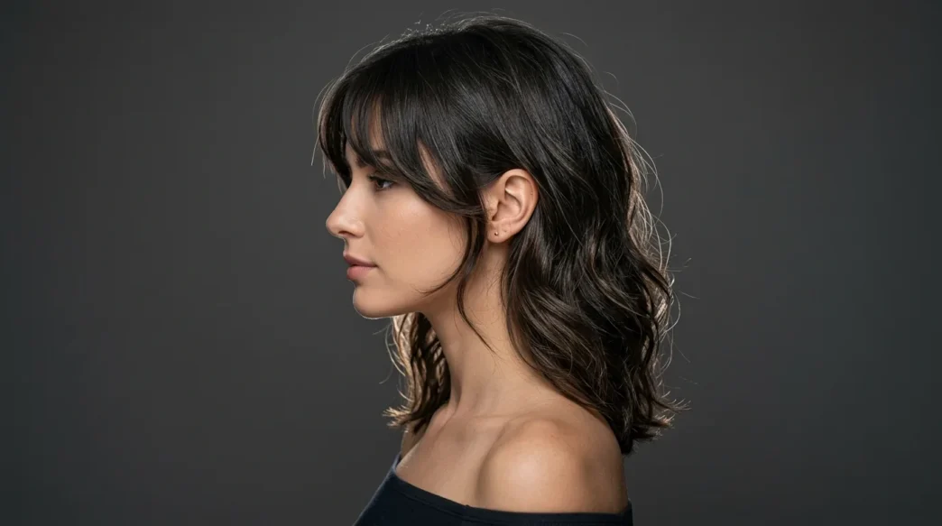 Woman with textured shoulder-length hair showing curtain bangs and face-framing layers in profile view