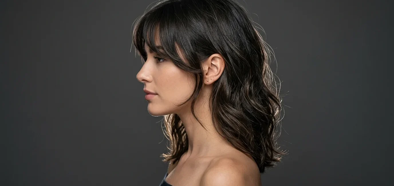 Woman with textured shoulder-length hair showing curtain bangs and face-framing layers in profile view