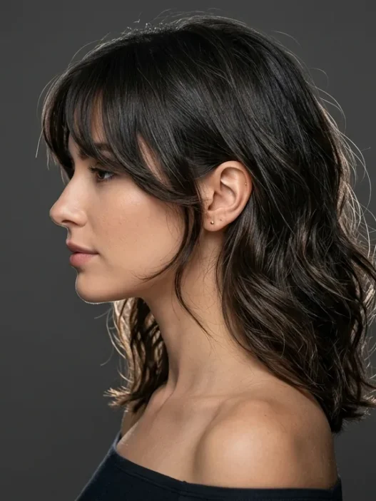 Woman with textured shoulder-length hair showing curtain bangs and face-framing layers in profile view