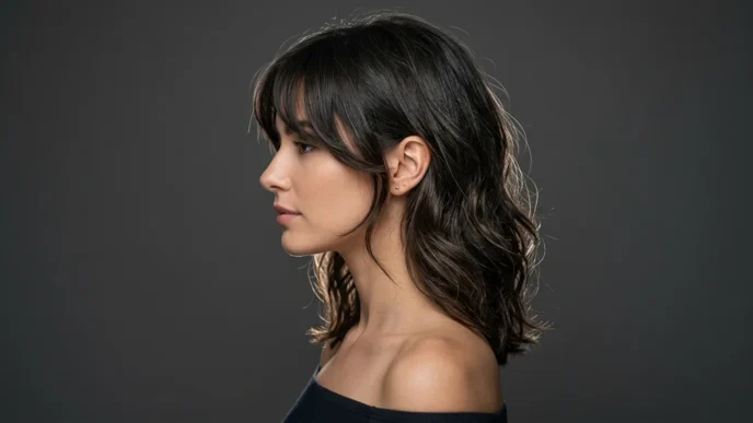 Woman with textured shoulder-length hair showing curtain bangs and face-framing layers in profile view