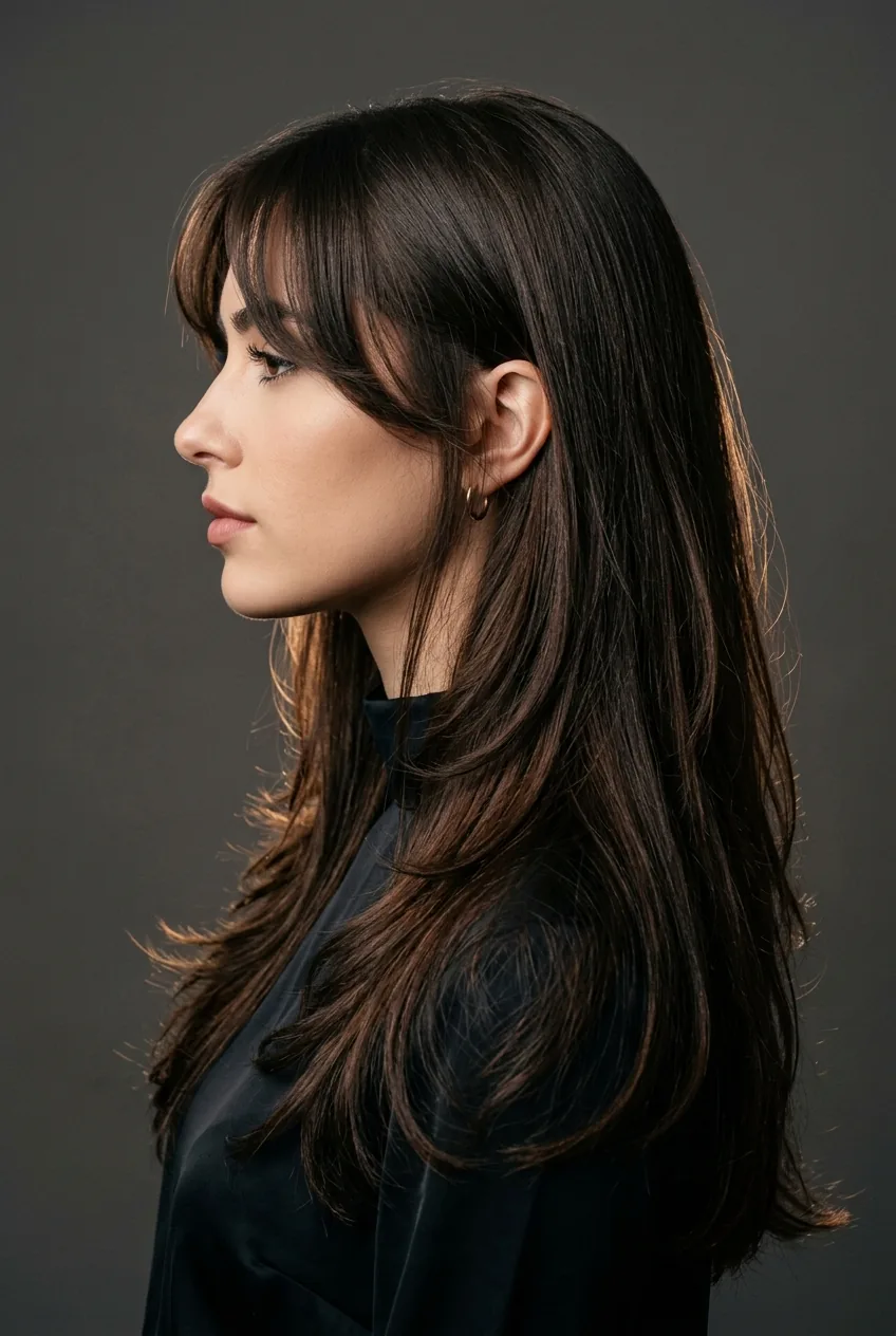 Woman with long hair featuring curtain bangs and long layers shown in elegant side profile