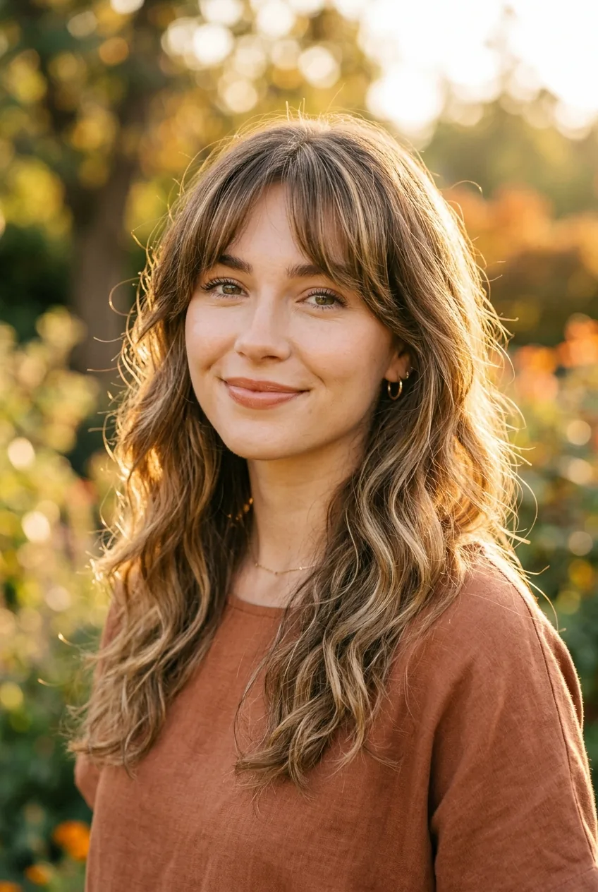 Woman with curtain bangs and loose waves framing her face in natural lighting