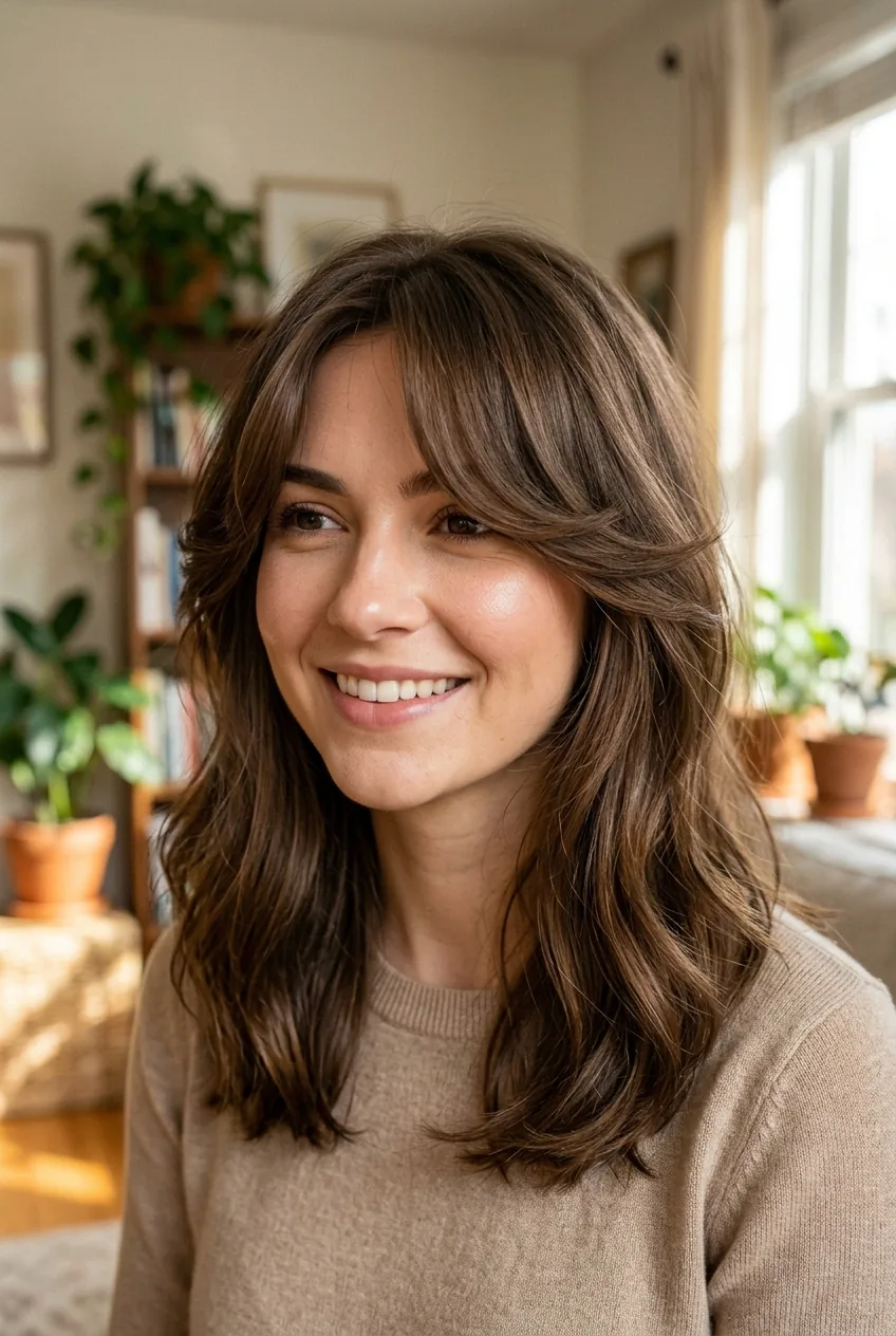 Curtain bangs blown away from face with medium-length hair in natural lighting