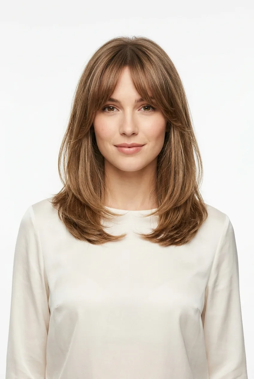 Woman with curtain bangs and shoulder-length hair framing her face naturally
