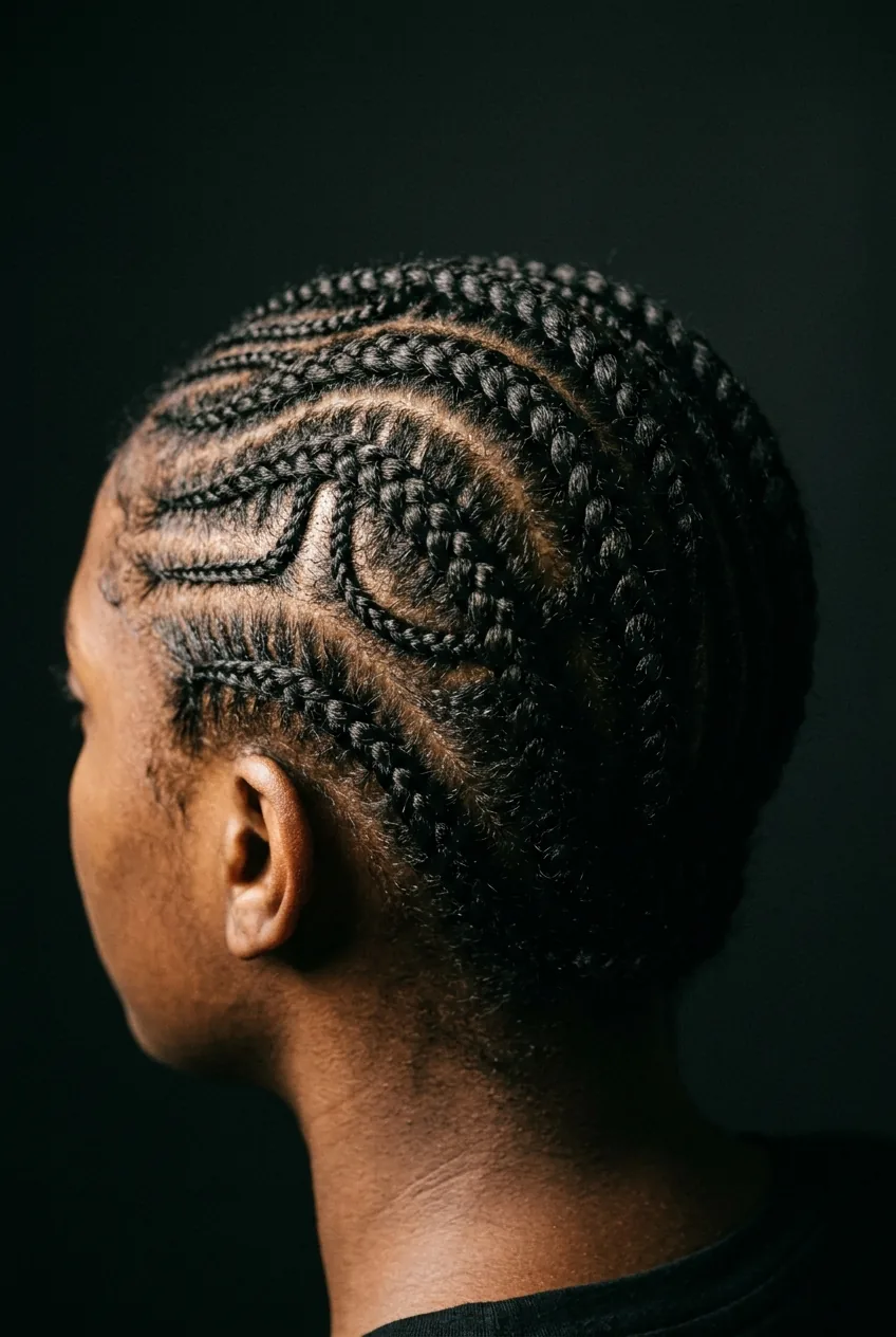 Intricate curved cornrow pattern following head shape on 4B natural hair
