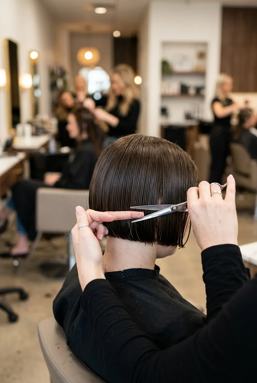 Hairdresser cutting back section of French bob using horizontal cutting technique