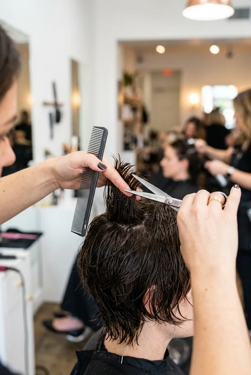 Close-up detail of professional scissors creating precise layers in short haircut technique