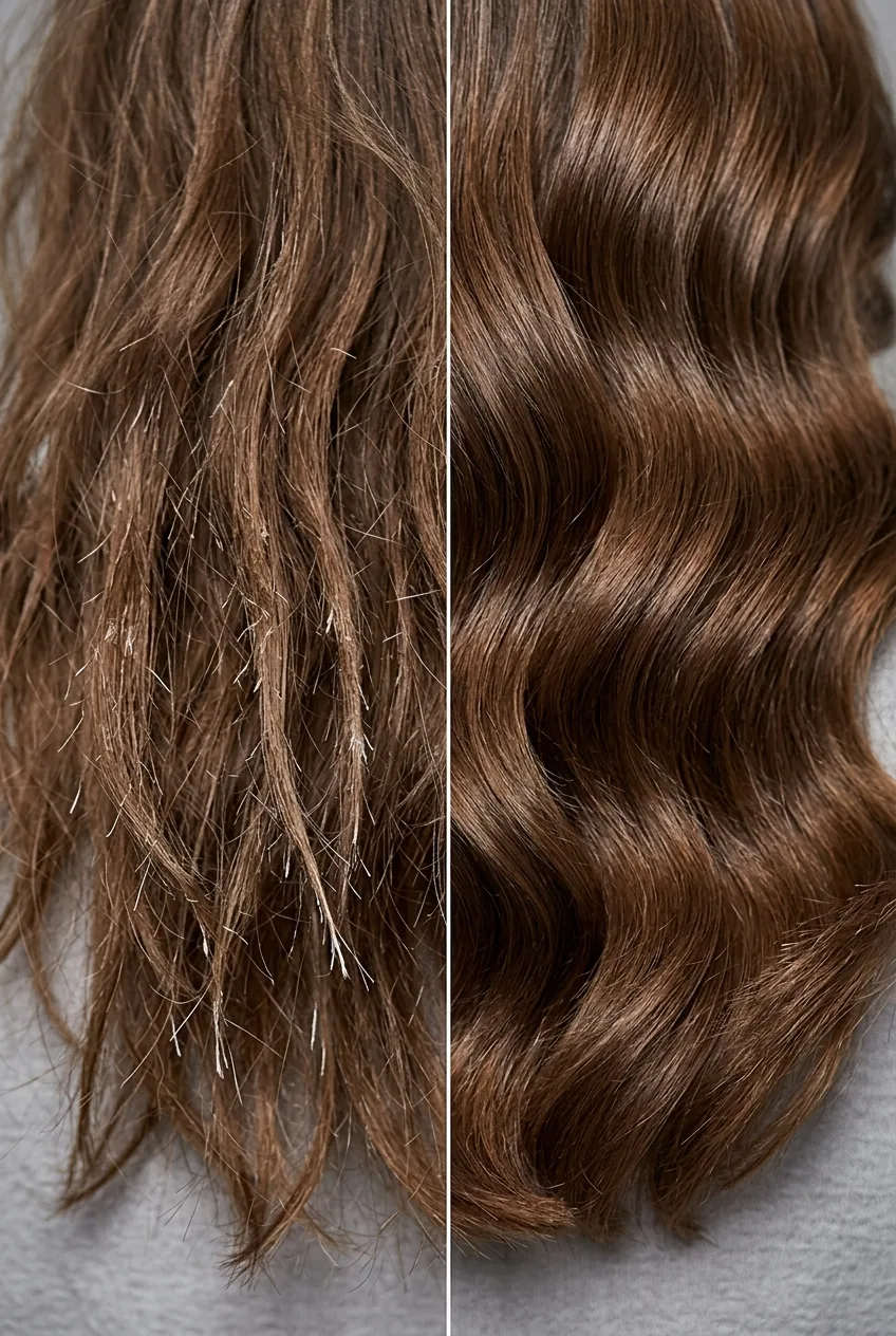 Side by side comparison of damaged wavy hair with split ends versus healthy defined waves