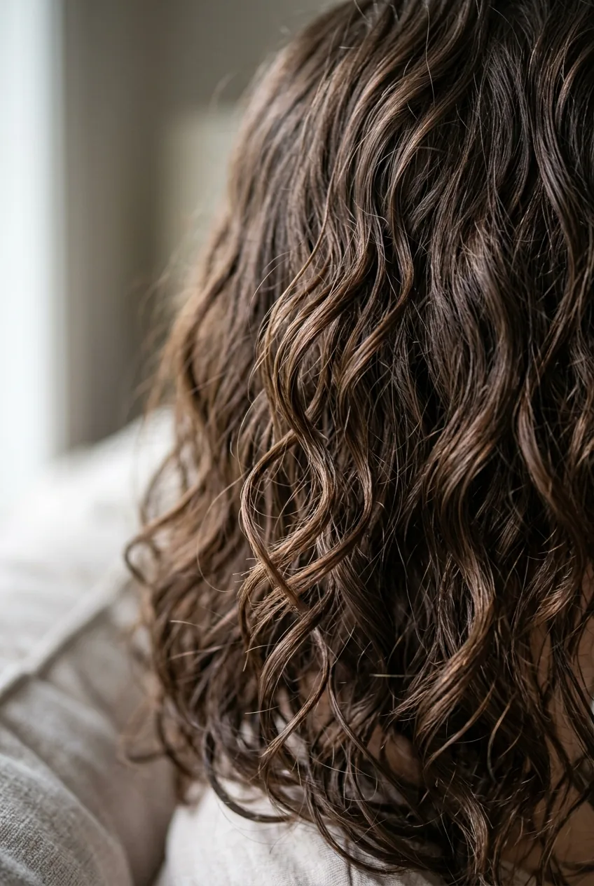 Macro detail shot of damp wavy lob showing individual curl formation and natural texture