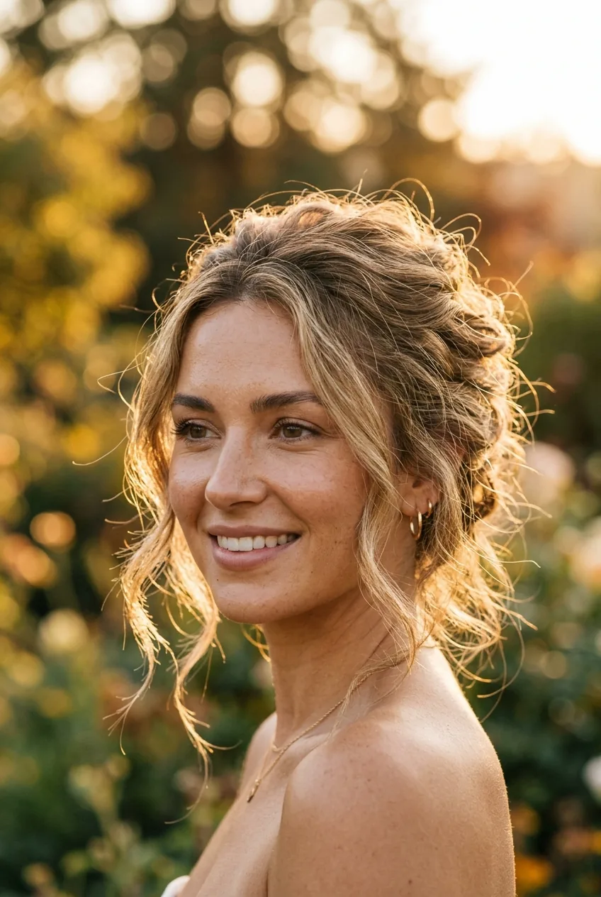 Woman with deconstructed chignon showing strategic loose pieces and undone sections