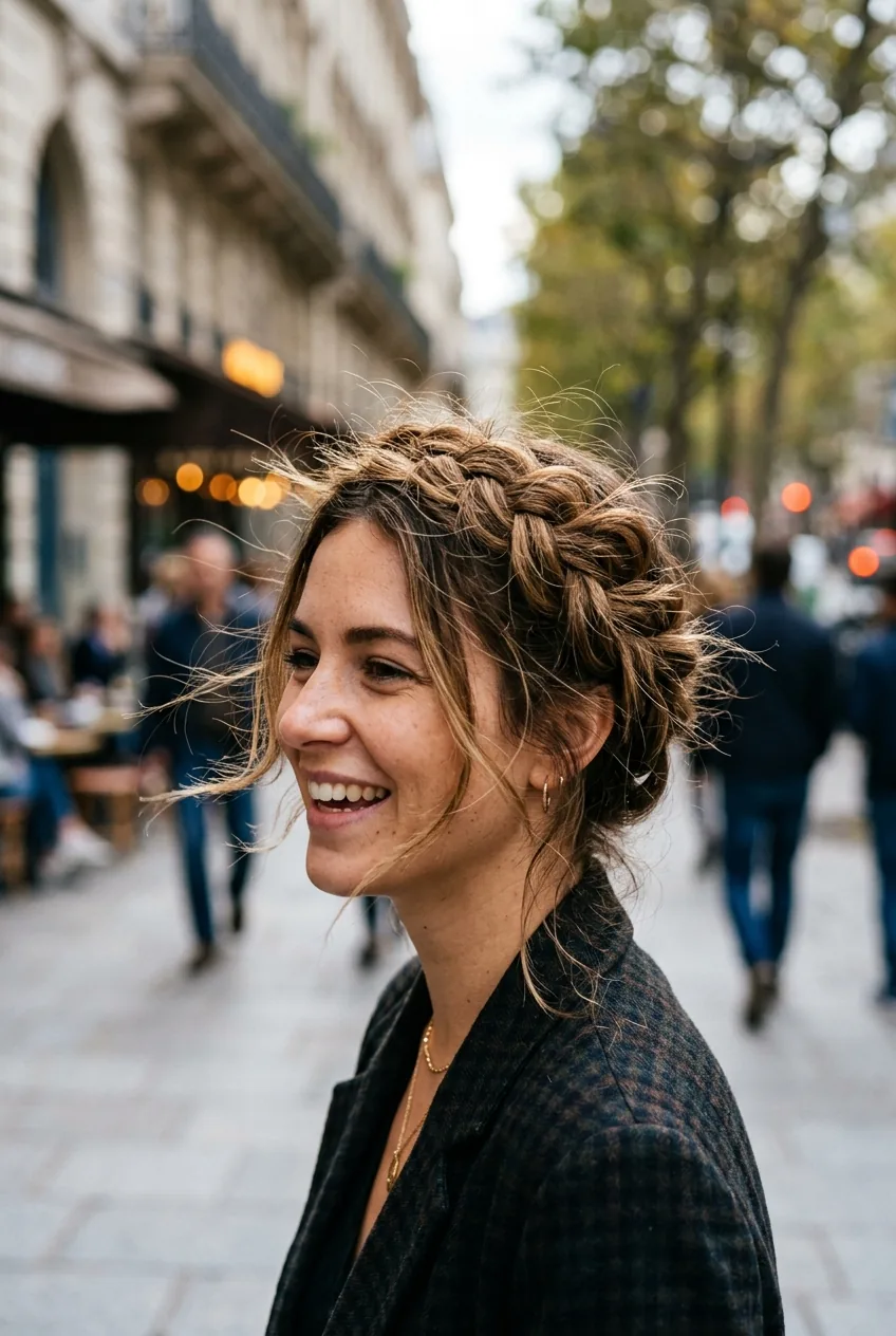 Woman with loose deconstructed crown braid showing intentional undone sections