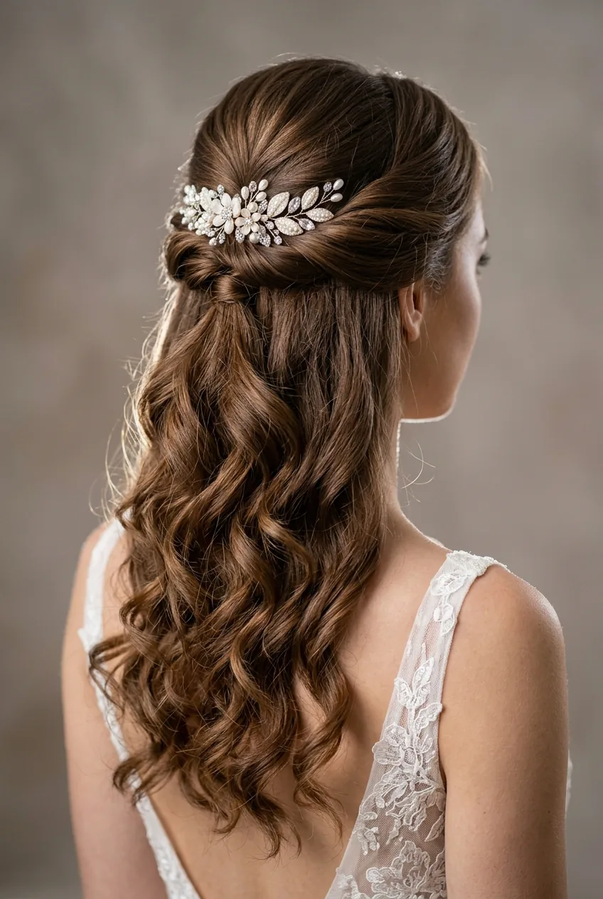 Bridal half up half down secured with decorative clip showing flowing curls below