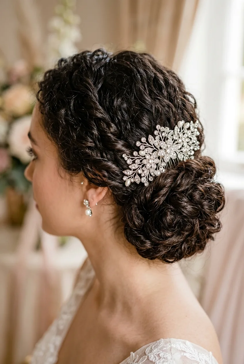 Decorative rhinestone hair comb in twisted side bun with defined curly hair texture
