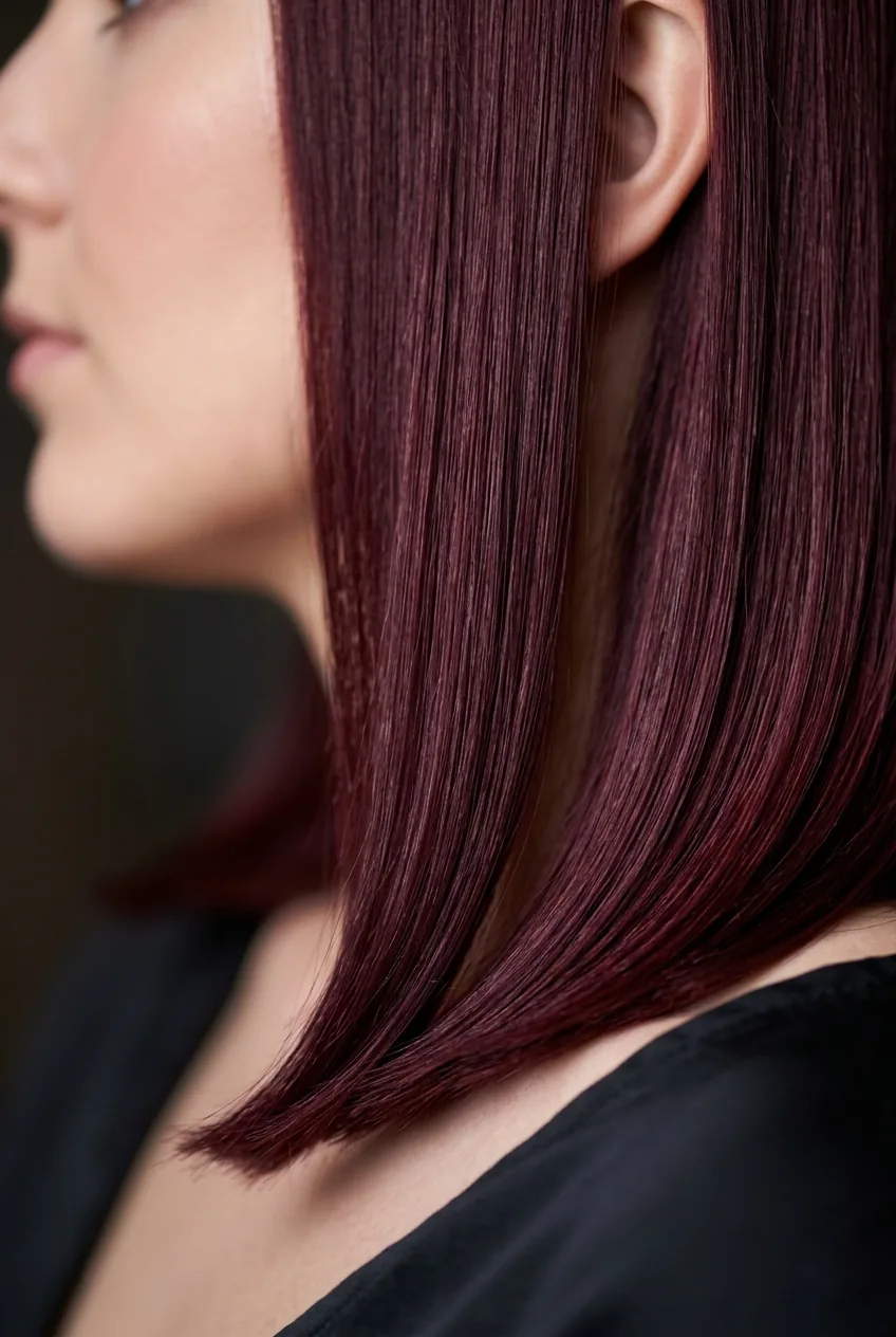 Deep burgundy sleek chin-length bob with rich wine color and straight styling
