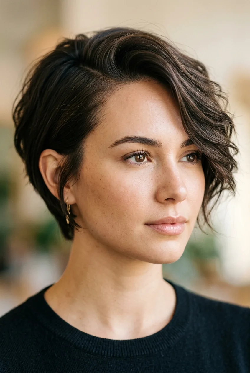 Portrait of deep side part with asymmetrical styling balancing prominent forehead proportions
