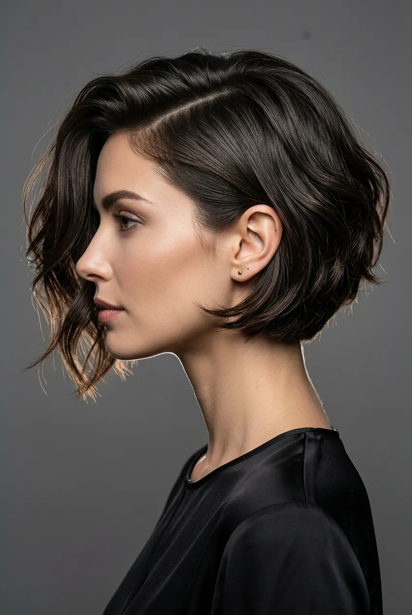 Woman with layered bob styled with deep dramatic side part creating asymmetrical look