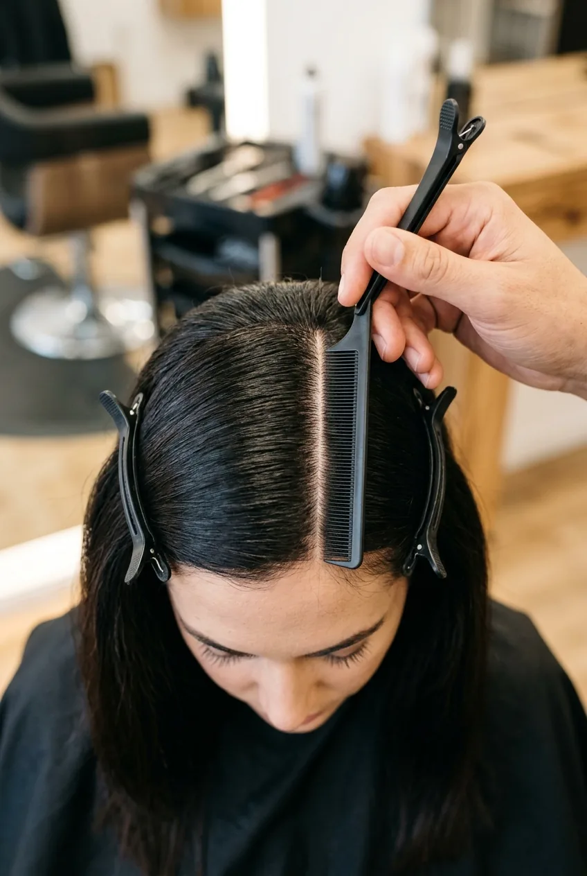 Overhead view showing precise deep side part being created with fine-tooth comb on sectioned hair