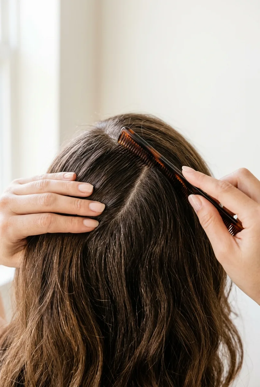 Hands using fine-tooth comb to create deep side part in preparation for boho braided style