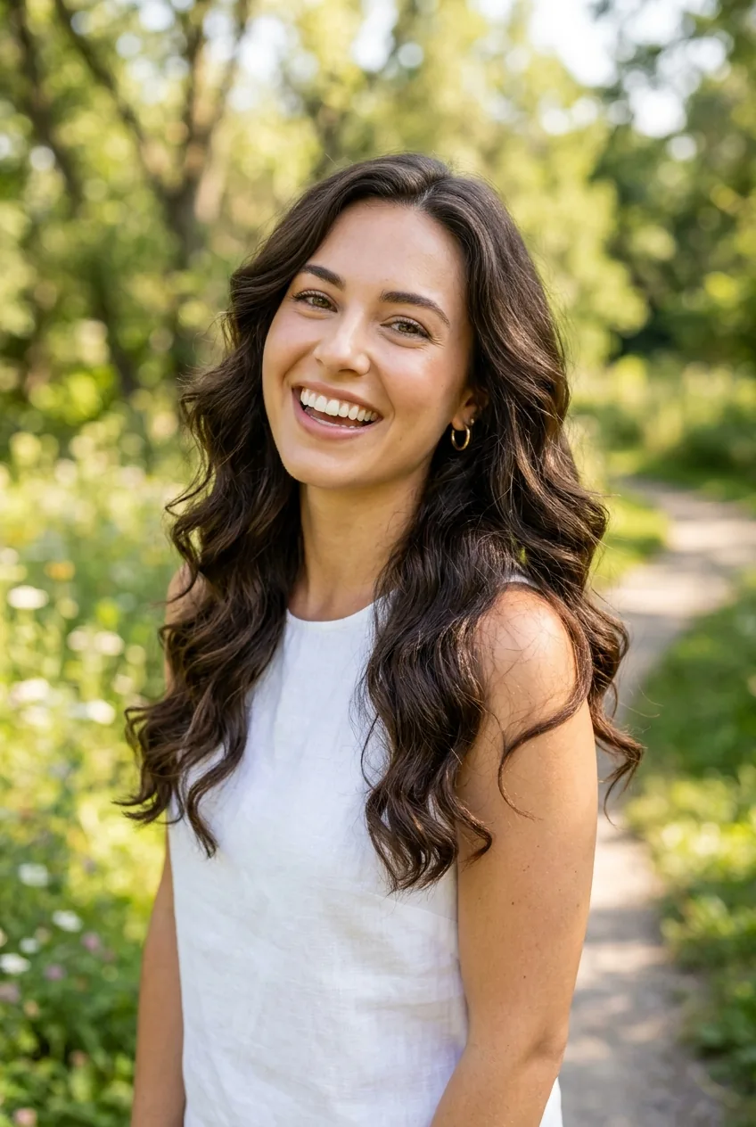 Woman with completed wavy hair routine showing defined bouncy waves and confident expression