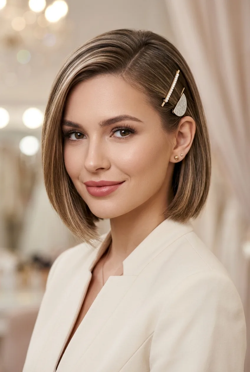 Delicate hair clips in side-swept bob showing clean modern lines with subtle accessories