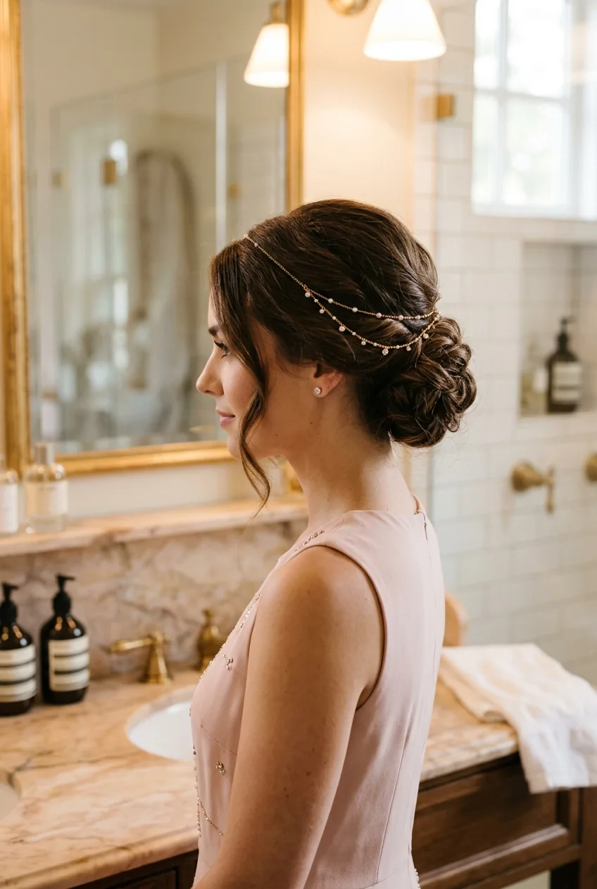 Woman with delicate hair chain draped across updo showing modern wedding guest hair accessory