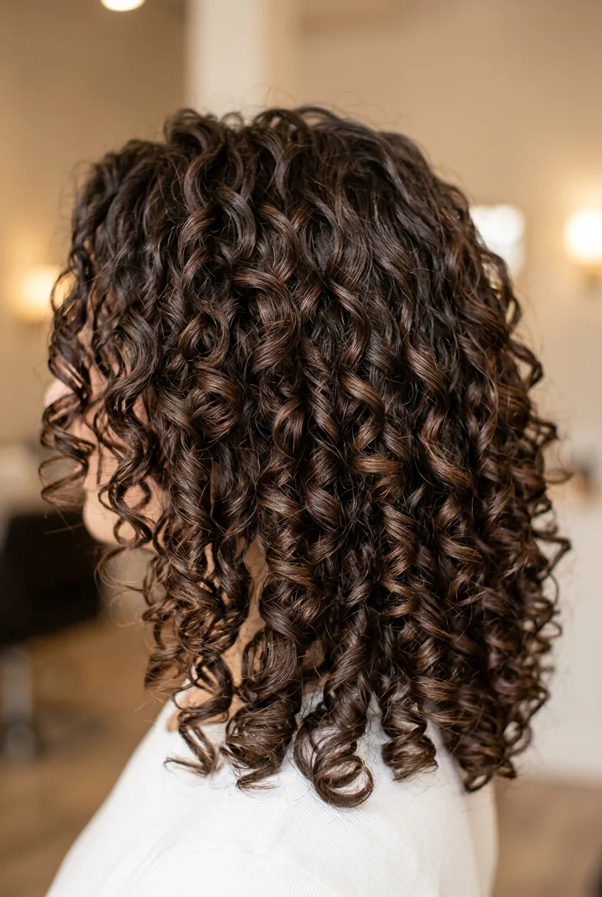 DevaCut results showing customized curl pattern with perfect spiral definition in rich brunette