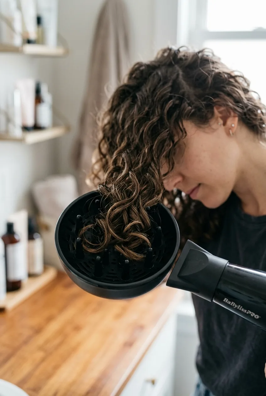 Close-up view of diffuser bowl with wavy hair sections resting inside during styling