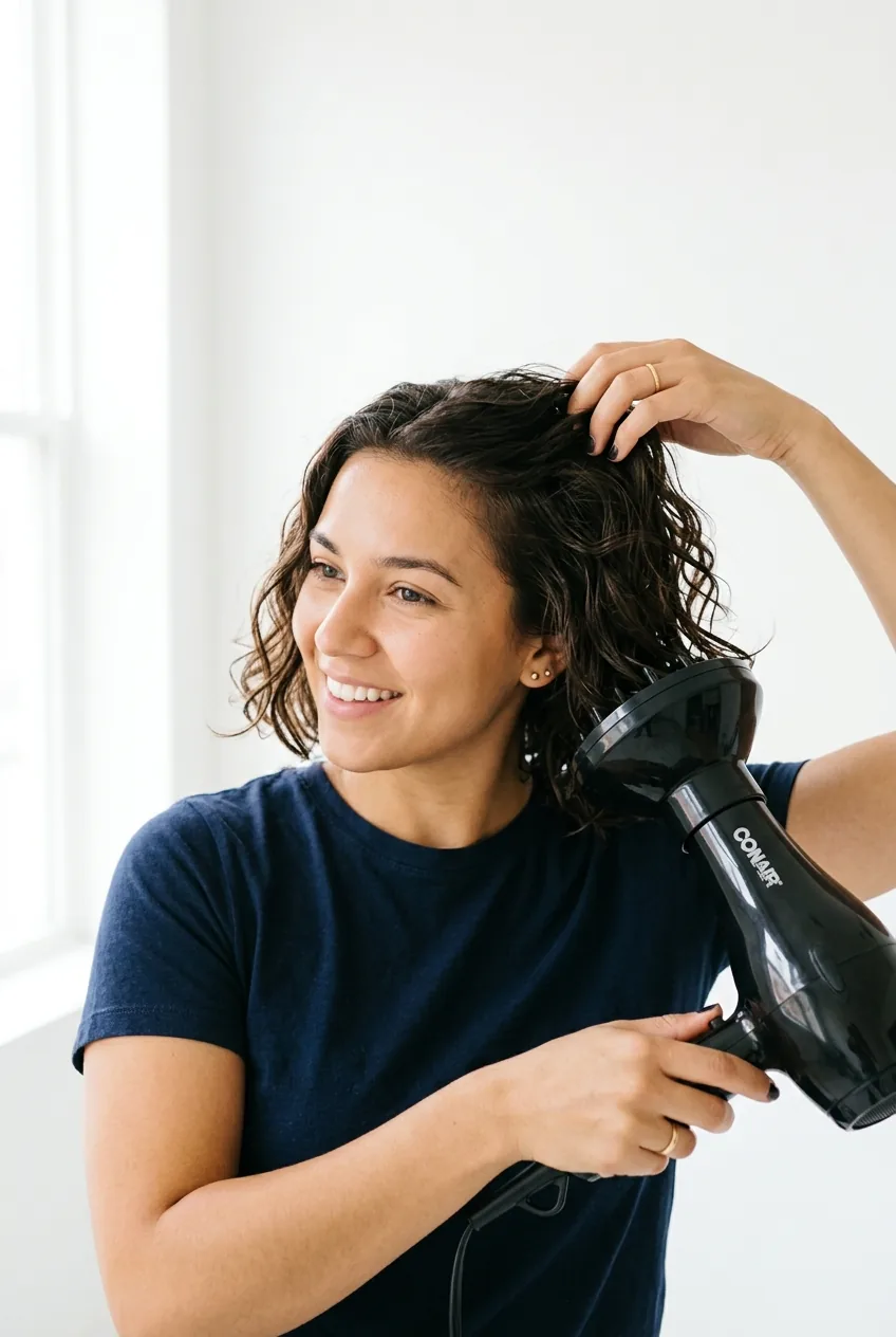 Hair being lifted with diffuser attachment to create volume in bob-length hair during drying