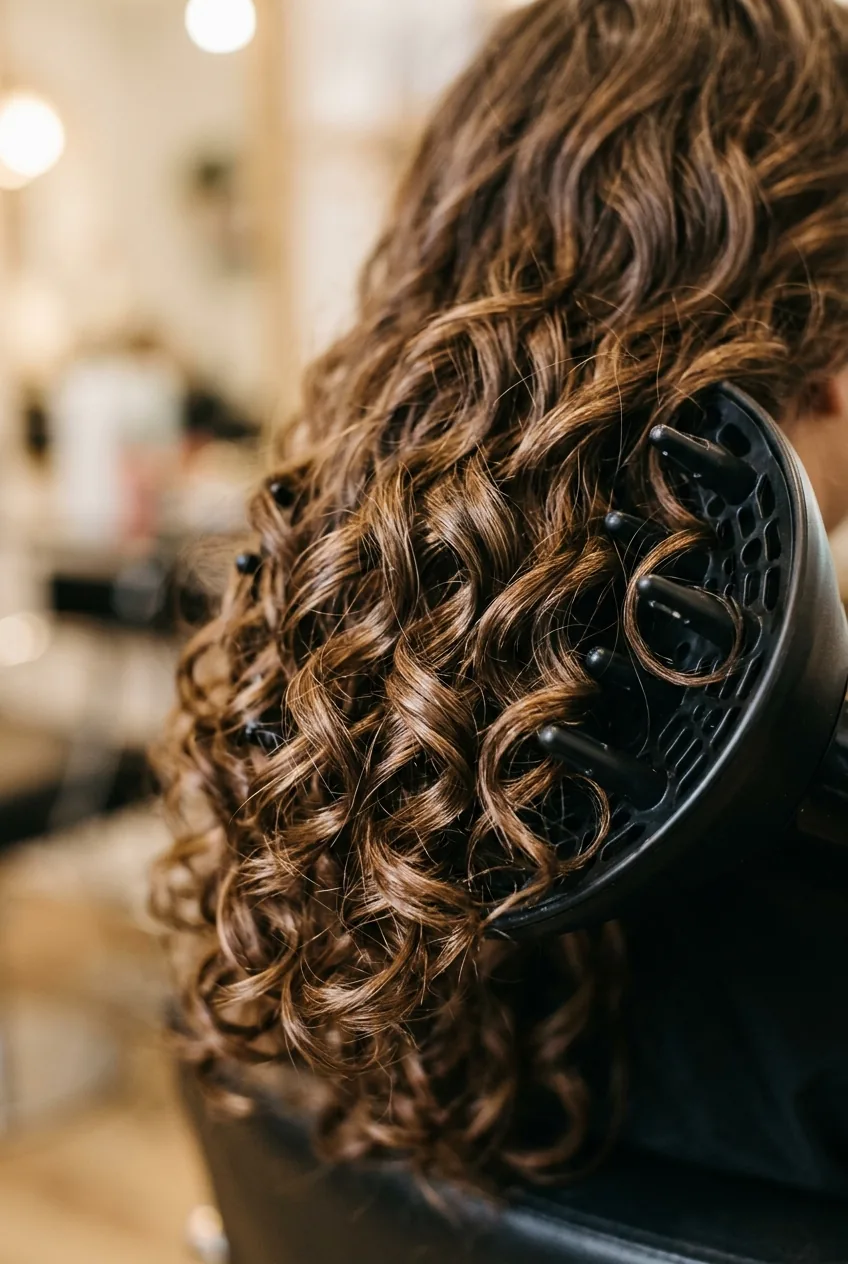 Long wavy hair being dried with diffuser showing defined curl patterns and added volume